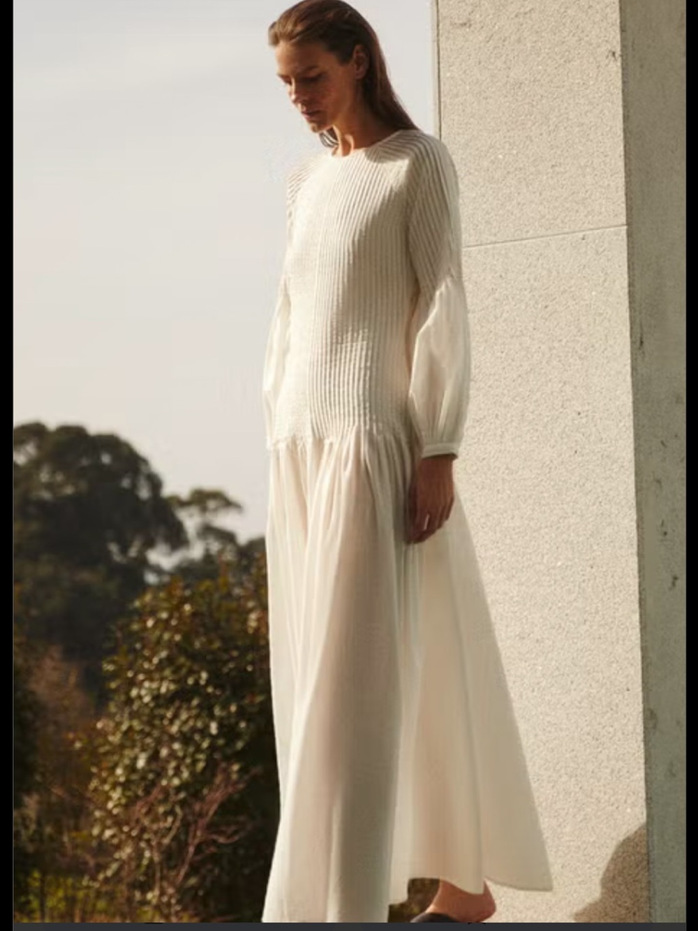 Zara Home Cotton Long-Sleeve Pleated Midi Beach Dress
